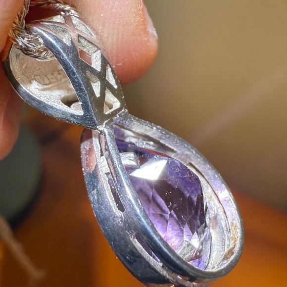 Large 1” Amethyst Teardrop Pendant Sterling Silver Necklace 16" Rope Chain - Picture 12 of 15